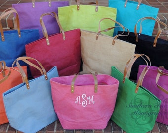 Monogrammed Jute Tote Bag - Monogrammed Gifts - Bridesmaid Gift Ideas- Monogrammed Tote - Leather Handles - Gift Ideas Under 25