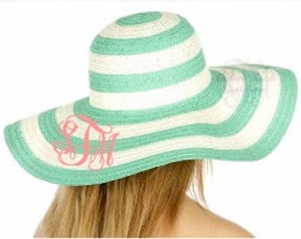 Sombrero de disquete a rayas con monograma - Regalo de dama de honor - Despedida de soltera - Regalos con monograma - Sombrero Derby con monograma - Sombrero de playa con monograma