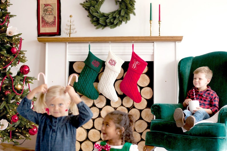 Monogrammed Cable Knit Christmas Stocking Red, Green, Creme, Grey Christmas Stocking-Monogram Gifts-Monogrammed Christmas Home Decorations image 1