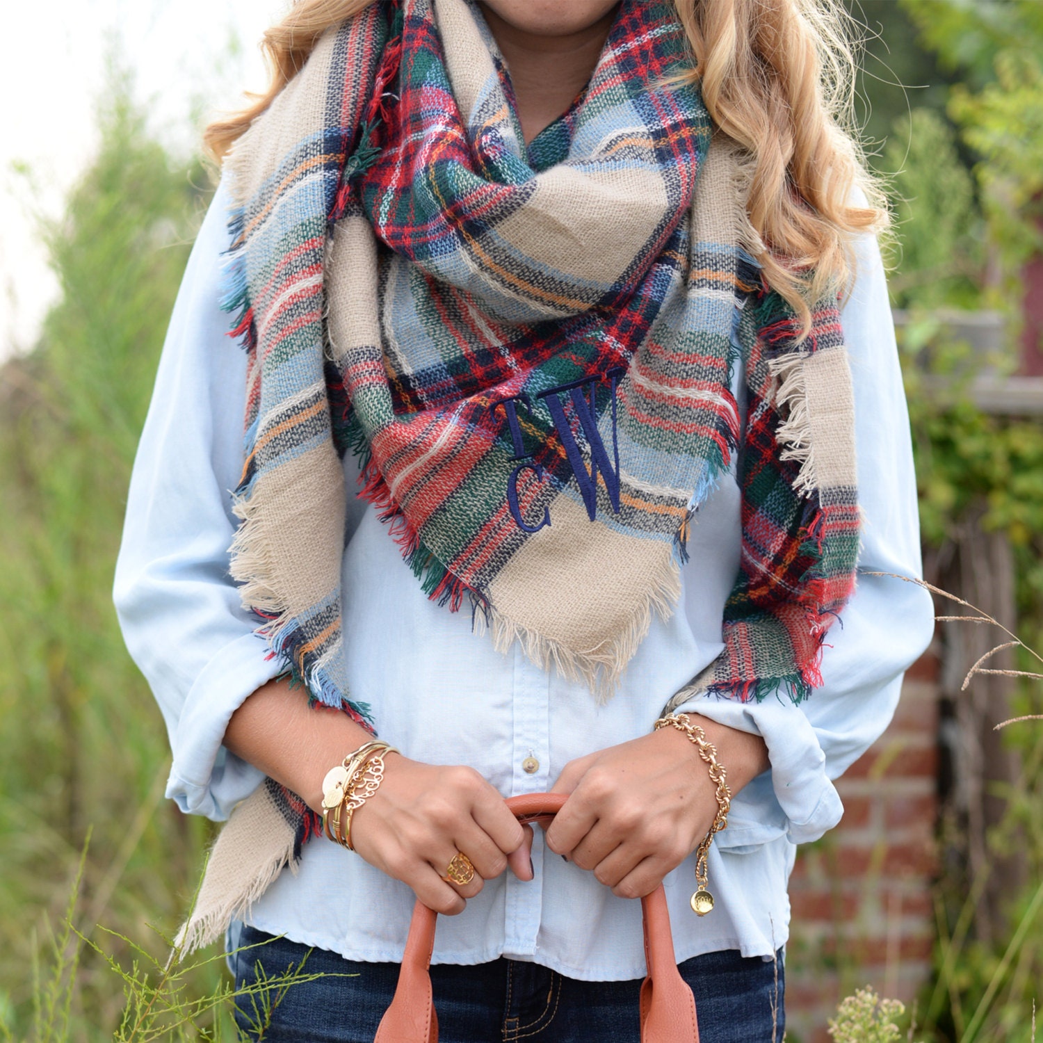 Embroidered Monogram Check Scarf