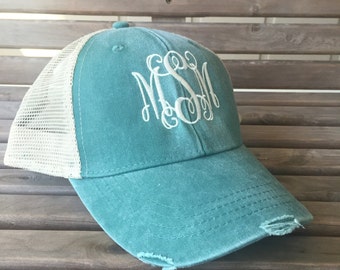 Monogrammed Distressed Trucker Hat - Monogrammed Baseball Cap - Bridesmaid Gift Ideas - Personalized Hat - Bachelorette Party - Monogram Hat