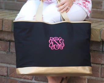 Monogrammed Cabana Tote Bag - Vegan Leather - Bridesmaid Gift - Monogrammed Gifts - Travel Tote Bag - Gold Trim Tote - Unique Gift Ideas