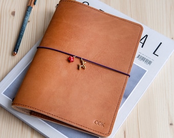 Personalized Leather Journal with Charm, Refillable Travelers Notebook Cover,  A5 A6 B6 A4