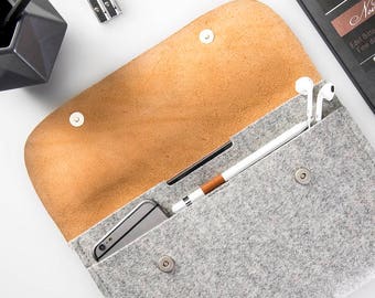 Étui pour iPad 10,2 pouces/NOUVEL iPad Pro 11"/iPad Air 10,9"/étui pour iPad mini Étui en feutre de cuir pour iPad Porte-crayon pomme Pochette pour tablette fabriquée à la main