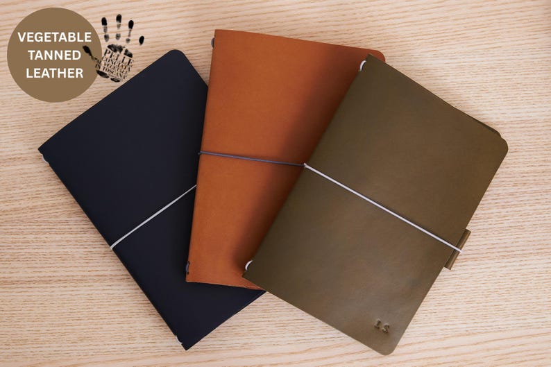 Refillable Leather Journal, A5, A6, A4 NoteBook Cover, Monogrammed Travel Journal in Olive Green, Light Brown, Blue colors