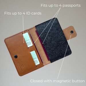May include: A brown leather passport holder with a gray felt lining. It has a magnetic closure and can hold up to four passports and four ID cards. The text "CITYSHEEP" is printed on the front.