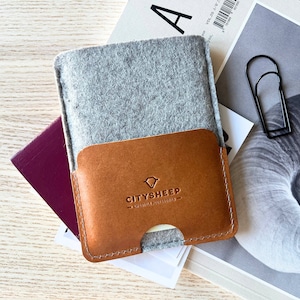 Passport Holder, Passport Case, Passport Holder Women/ Men, Travel Essentials Passport Case and Luggage Tag, Travel Must Have Accessories Tanned+Grey felt
