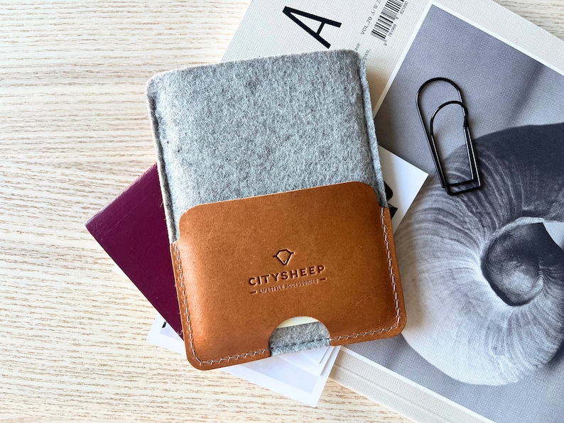 Passport Holder, Passport Case, Passport Holder Women/ Men, Travel Essentials Passport Case and Luggage Tag, Travel Must Have Accessories Tanned+Grey felt