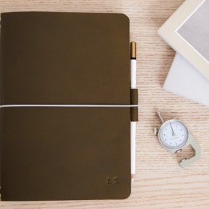 Refillable Leather Journal, A5, A6, A4 NoteBook Cover, Monogrammed Travel Journal in Olive Green, Light Brown, Blue colors