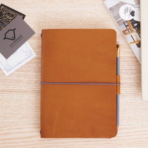May include: A brown leather bound journal with a grey elastic band and a gold pen sticking out of the top. The journal is sitting on a wooden surface.