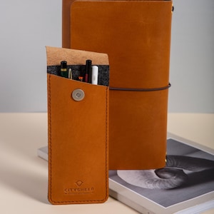 Op de afbeelding: Een bruinleren etui met een drukknoopsluiting, met daarin pennen, staat voor een leren notitieboek. De etui is voorzien van de merknaam "CITYSHEEP". Een zilveren puntenslijper ligt op een boek.