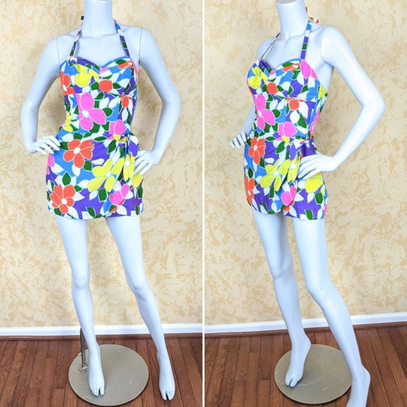 1960's Hawaiian Floral Print Sarong Bathing Suit