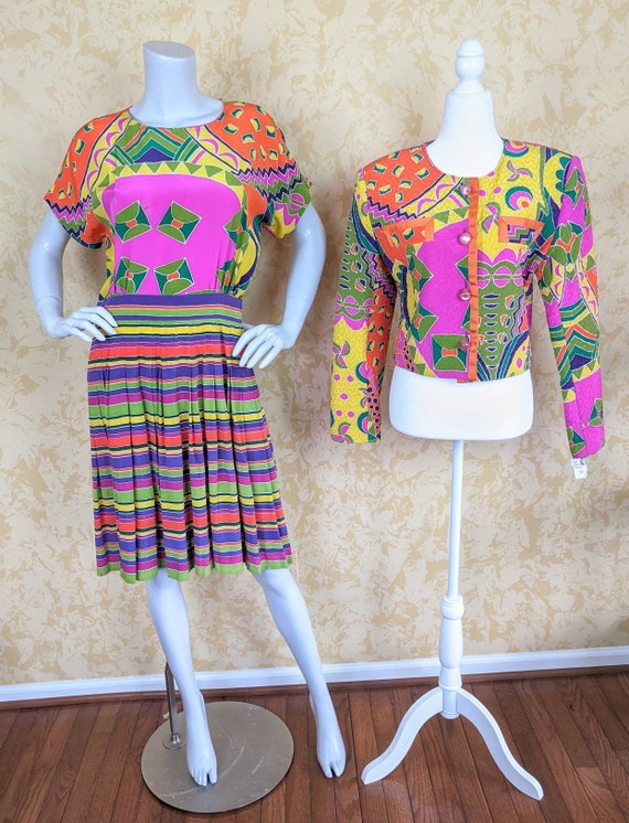 Vibrant 1980's Silk Dress w/ Quilted Jacket