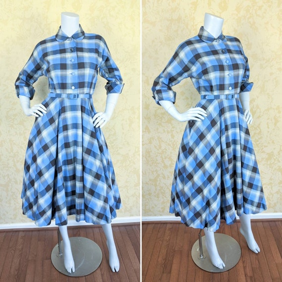 1950's Blue Plaid Cotton Dress