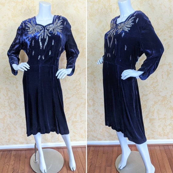 Volup 1940's Blue Silk Velvet Dress w/ Sequins
