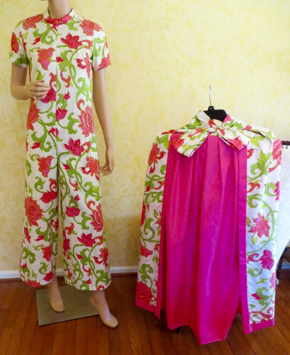 70's Raw Silk Floral Print Palazzo Jumpsuit w/ Ove