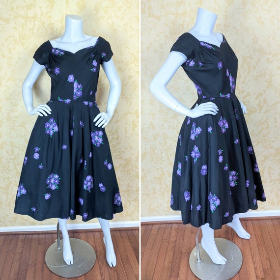 1950's "Jerry Gilden" Black Floral Print Cotton Dr