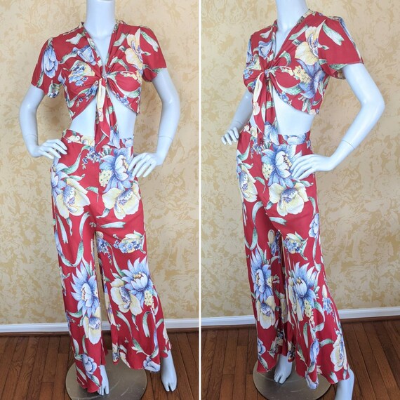 Rare 1940's Rayon Print Wide Leg Beach Pajamas