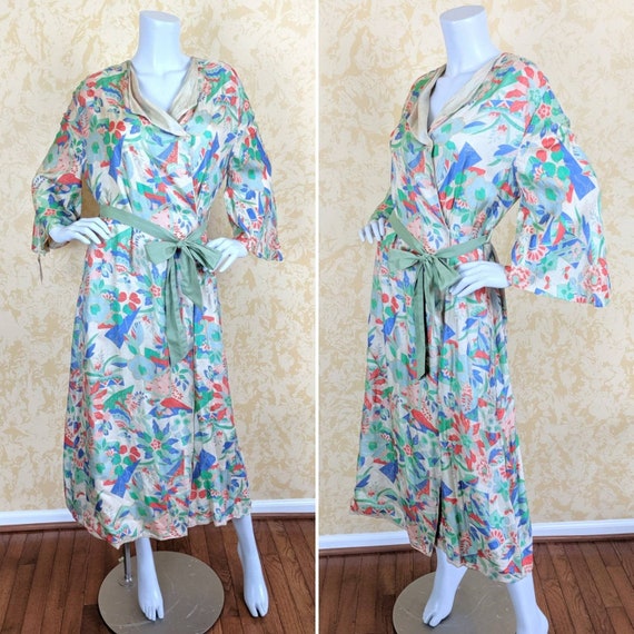 Amazing 1920's Pongee Silk Print Wrap Robe w/ Bell