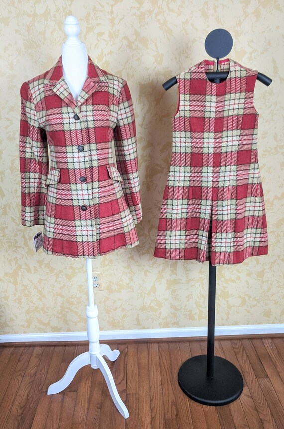 Mod 1960's Wool Plaid Mini Dress w/ Short Coat