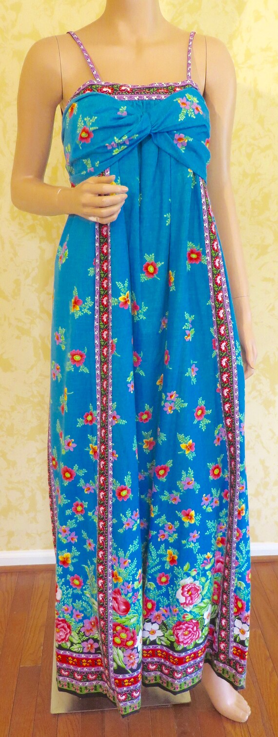 1970's "Tina Leser" Blue Cotton Floral Print Maxi