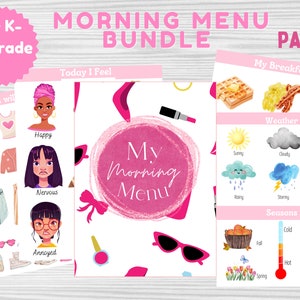 May include: A pink and white printable morning menu bundle for preschool and kindergarten children. The bundle includes 50 pages with activities such as choosing an outfit, expressing feelings, selecting breakfast, and identifying the weather and seasons.