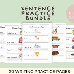 May include: A set of 20 printable handwriting practice worksheets for kindergarten, first, and second grade. Each worksheet features a colourful illustration and a sentence to copy. The worksheets are titled "Handwriting Practice".