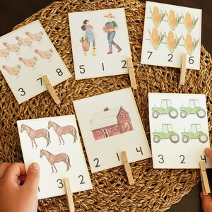 Cartões de contagem de animais de fazenda - aprendizagem pré-escolar Montessori, cartões de contagem para impressão, cartões pré-escolares