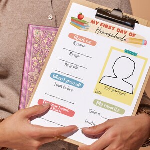 May include: A printable worksheet for a child's first day of homeschool. The worksheet has sections for the child to fill in their name, age, grade, and what they want to be when they grow up. There is also a section for a self-portrait and a section for the child's favorite color and food.