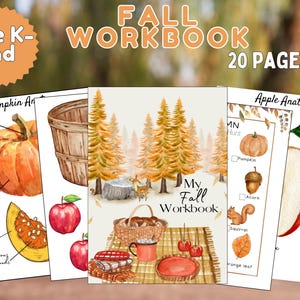 May include: A set of printable fall-themed worksheets for preschool and elementary school children. The worksheets feature illustrations of pumpkins, apples, acorns, and squirrels. The title of the workbook is "My Fall Workbook".