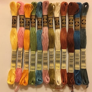 May include: A collection of 14 DMC embroidery floss spools in various colors, including yellow, orange, green, blue, pink, brown, and gray. Each spool has a white label with black text that includes the DMC number and the text "DMC" and "25".