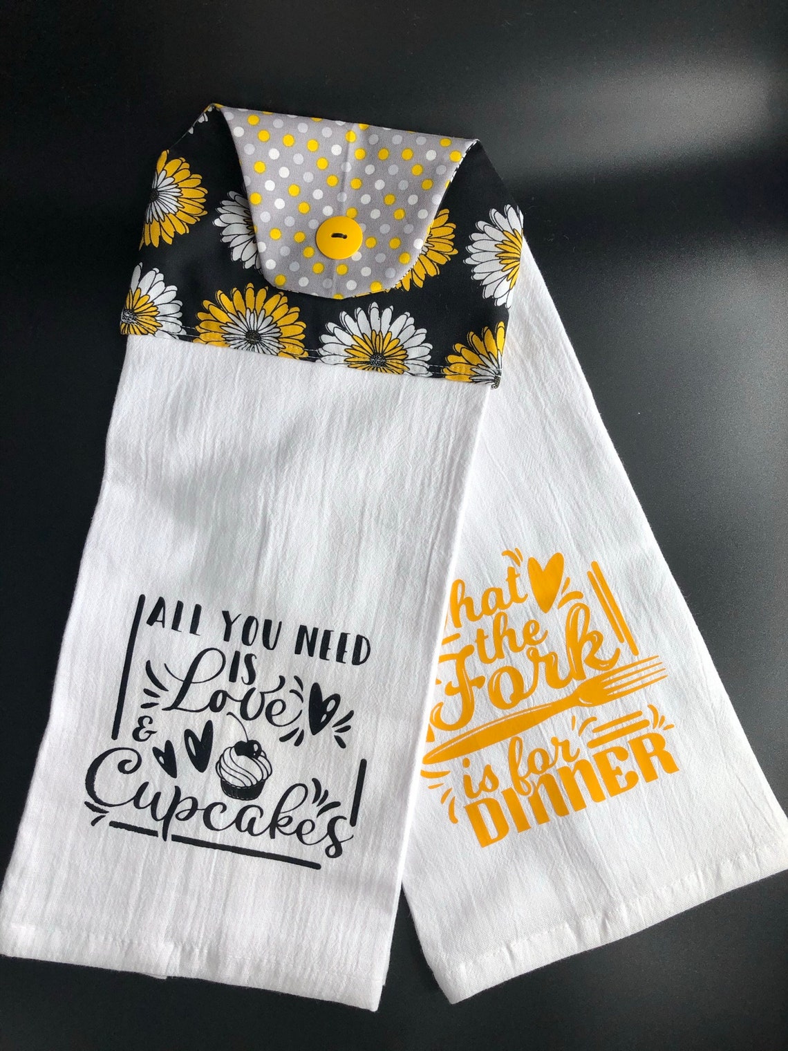 Hanging Kitchen Towels with Fun and Sassy sayings. Daisys Etsy