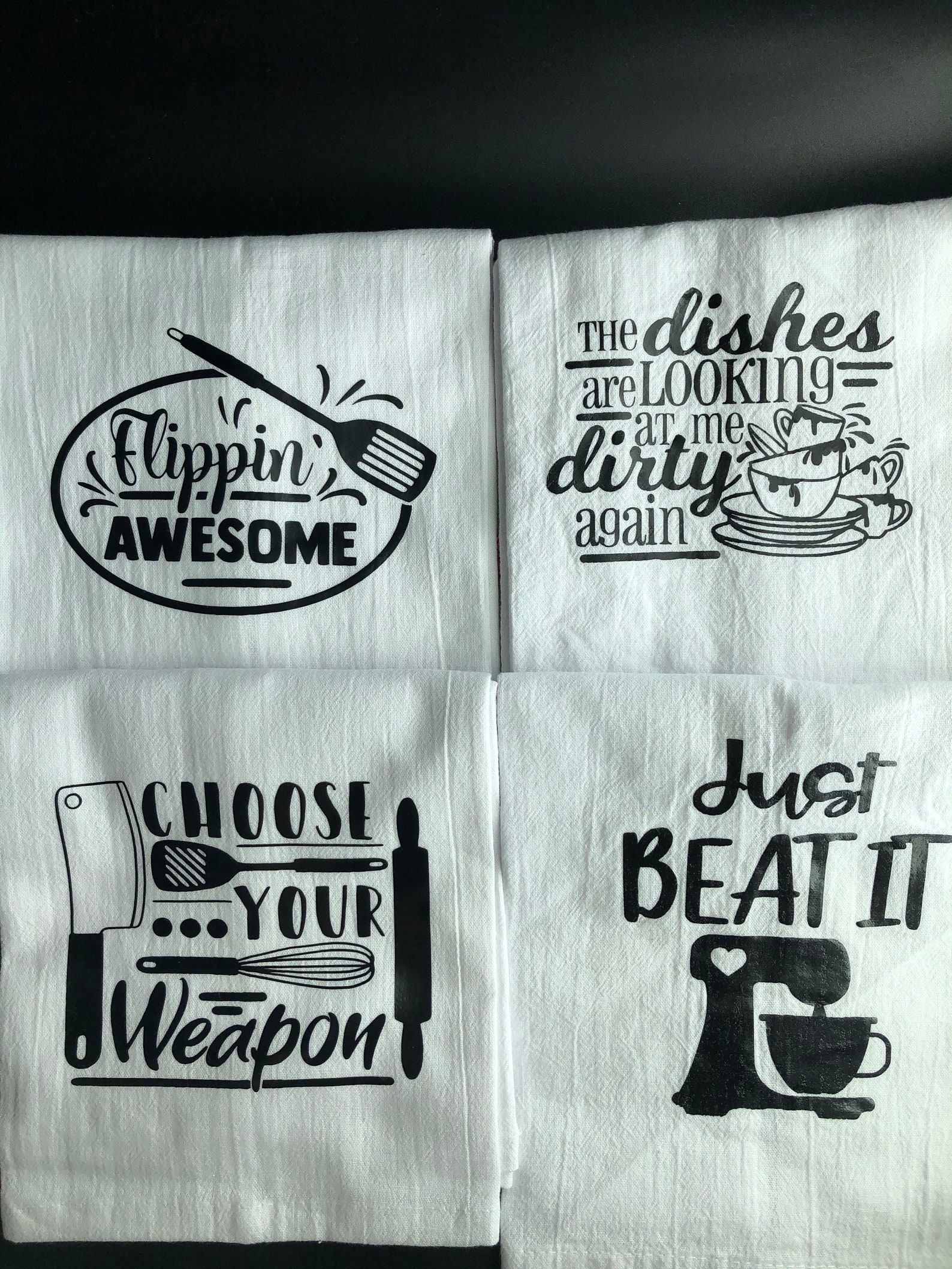 Hanging Kitchen Towels with Fun and Sassy sayings. Daisys Etsy