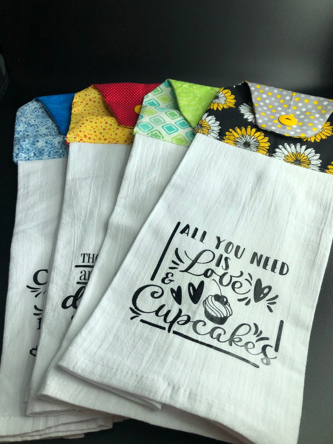 Hanging Kitchen Towels with Fun and Sassy sayings. Daisys Etsy