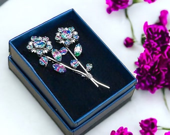 Art Deco Rainbow Iris Glass Flower Brooch Silver Tone Prong Set 1930s