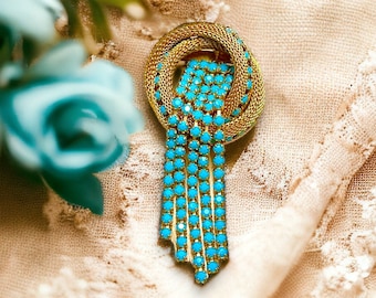 Vintage Waterfall Brooch Gold Tone Mesh with Turquoise Glass Stones Dangler Brooch Pin 1960s
