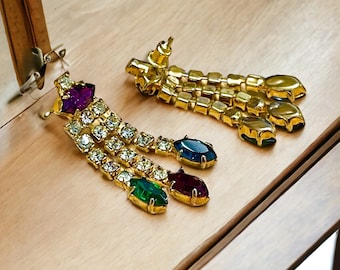 c.1960s Rhinestone Dangle Earrings Sparkly Clear Ruby Emerald Sapphire and Amethyst Glass Drops For Pierced Ears, Dearest earrings