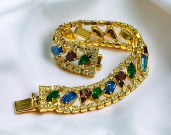 Vintage 60s Cocktail Bracelet Gold Tone With Multi coloured Rhinestones 1960s  Dearest Jewellery