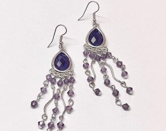 1970s Dangle Earrings Boho Hippie Style Silver Tone with Pale Purple Stone Hook Wires for Pierced Ears Only