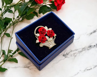 Vintage Red Roses Brooch / Pin 1960s  Basket of Enamelled Roses Embellished with Clear Rhinestones Gold Tone.