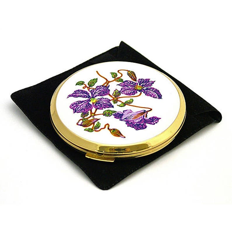 Vintage Stratton enamel powder compact Clematis purple flowers 1960 gold tone anniversary gift bridesmaid gift vanity gifts mothers day gift