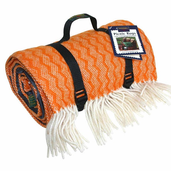 Wool Picnic Rug / Blanket ZigZag Orange bing Carry Straps by Tweedmill