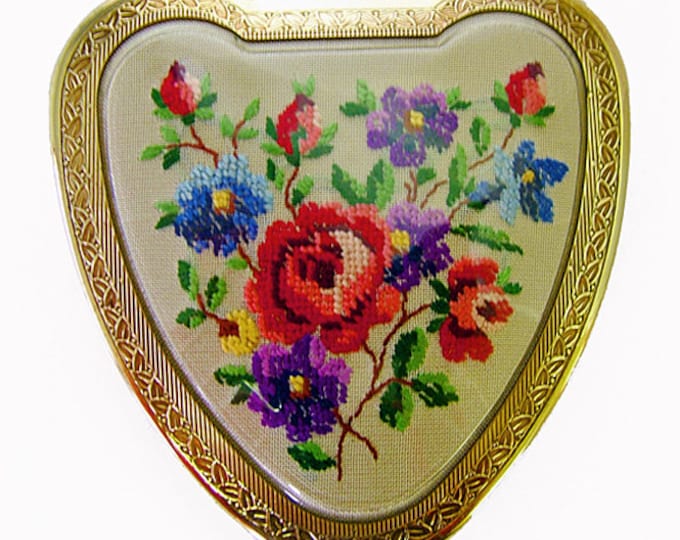 Featured listing image: Vintage Kigu gold cherie powder compact,  petit point flower embroidered heart shaped compact 1950s.