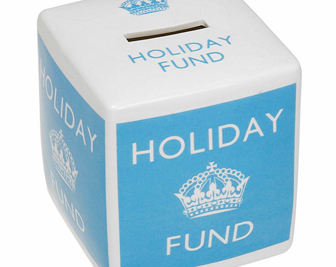 Featured listing image: Keep Calm Holiday Fund Money Box - blue and white.