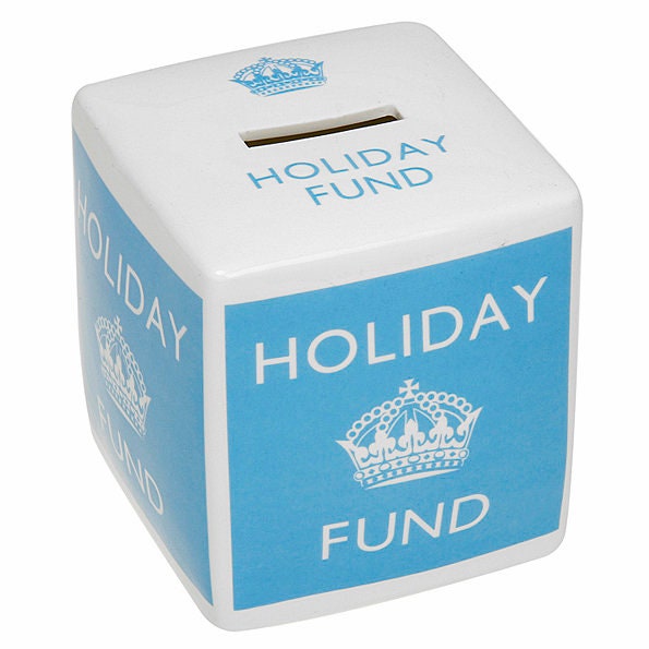 Keep Calm Holiday Fund Money Box blue and white.