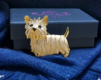 Vintage Westie Dog Brooch Pin 1990s Gold Plated with Cream Enamel and Black Eyes