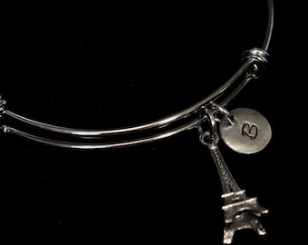 Eiffel Tower Bangle Bracelet, Paris Bracelet, Eiffel Tower Charm, Stainless Steel Bracelet, Expandable bangle, Initial bracelet - qb143