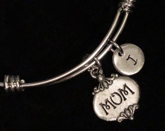 Mom Stainless Steel Bangle, Mothers Day Bangle, Mom Bracelet, Mom Charm, Adjustable Bracelet, Stainless Bracelet, Initial Bracelet qb119