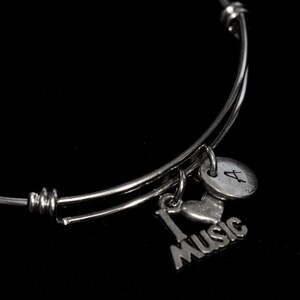 I Love Music Bangle Bracelet, Music Bracelet, Music Charm, Stainless Steel Bracelet, Expandable bangle, Initial bracelet - qb144