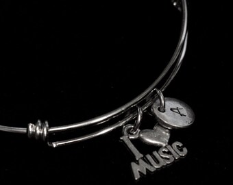 I Love Music Bangle Bracelet, Music Bracelet, Music Charm, Stainless Steel Bracelet, Expandable bangle, Initial bracelet - qb144